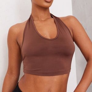 Basic brown slinky, scoop, neck halter top